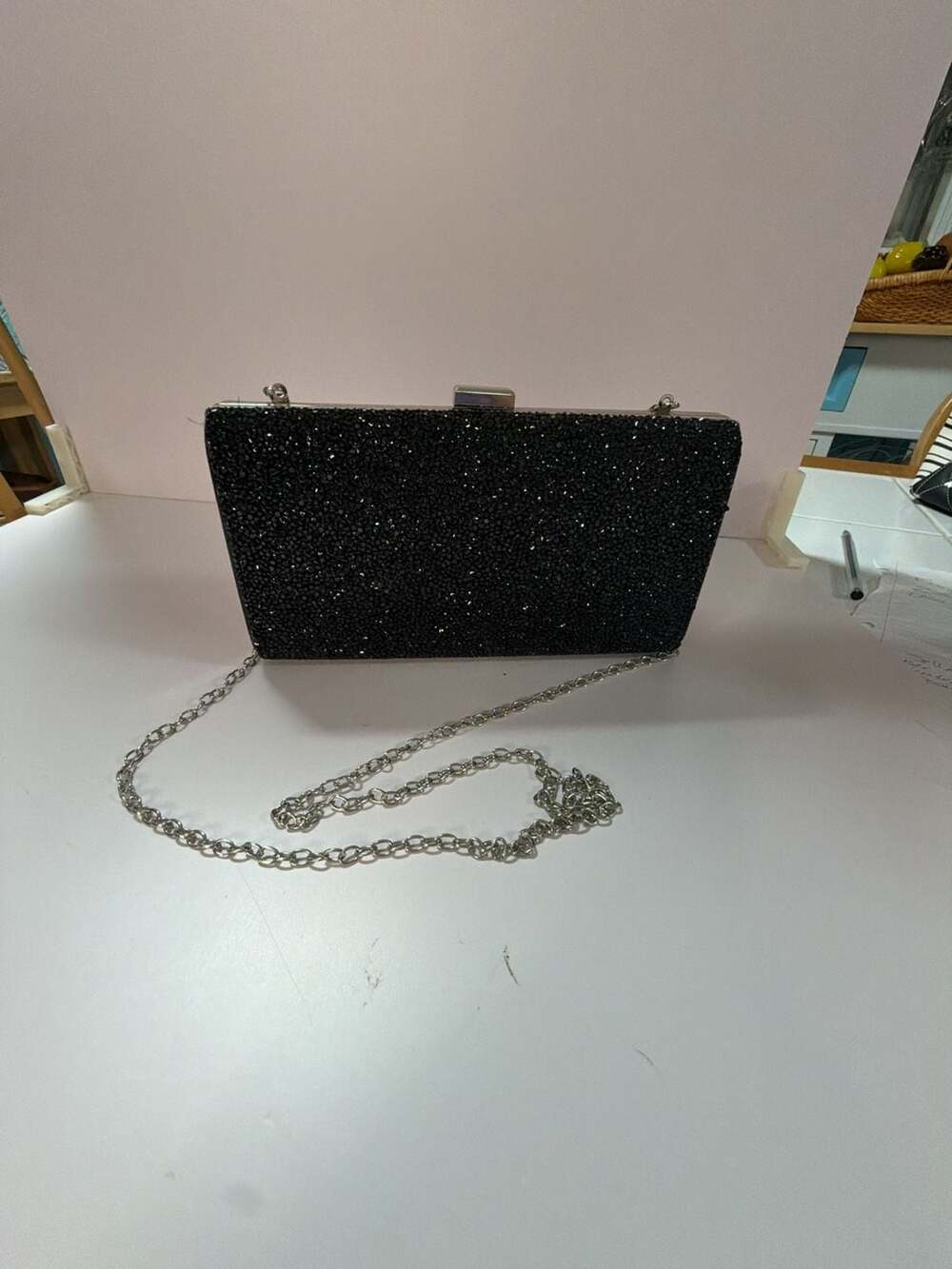 Black Rhinestone Hard Case Evening Clutch with Chain Strap